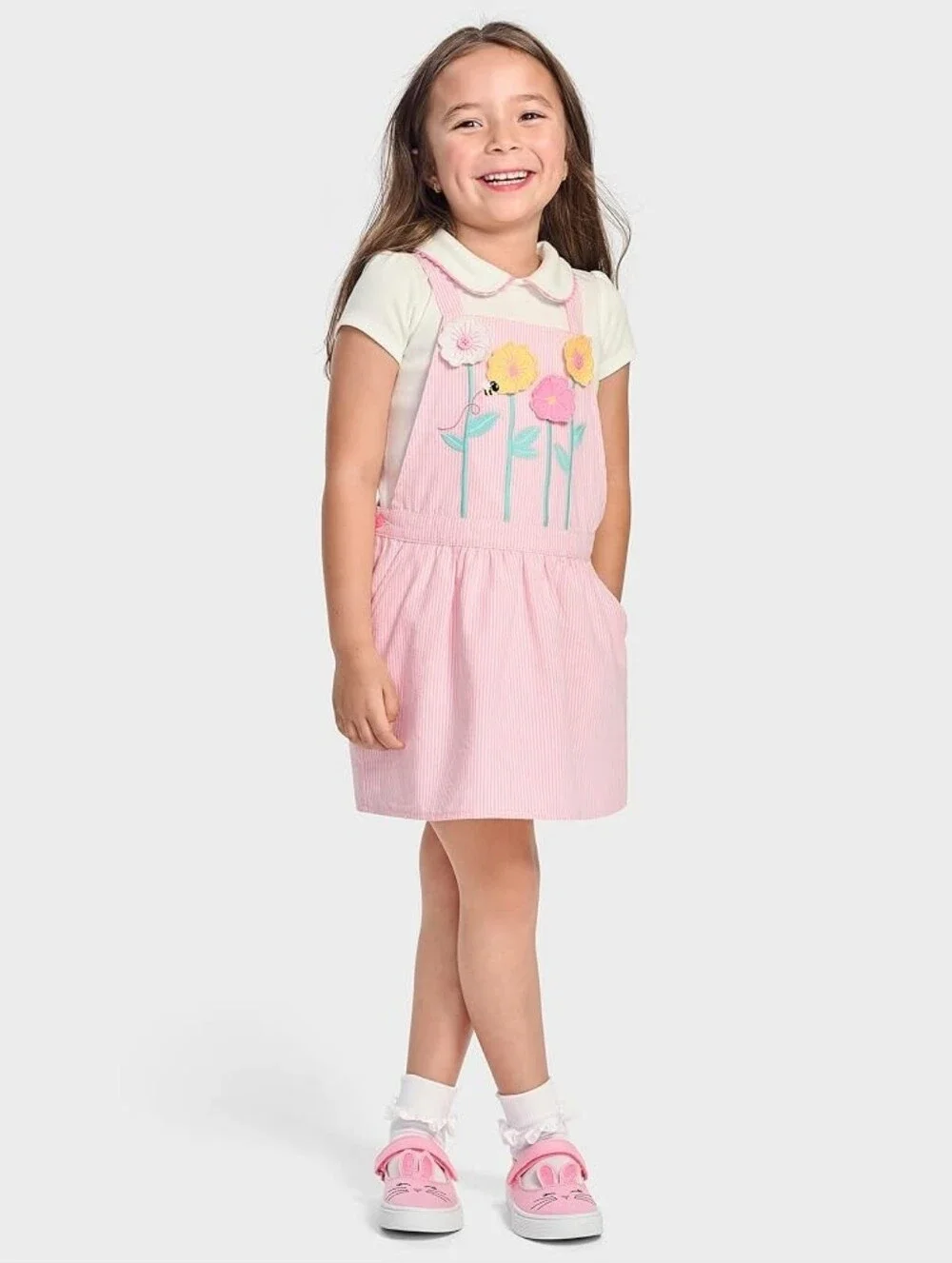 Gymboree Pink Floral Appliqué Seersucker Skirtall Pinafore Dress Size 12 NEW